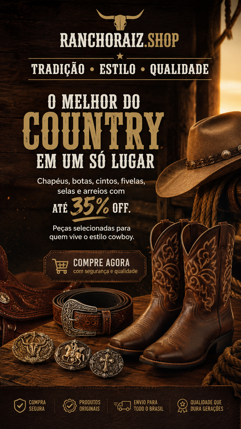 Ranchoraiz Shop — Tradição, estilo e qualidade. O melhor do country em um só lugar. Até 35% OFF em chapéus, botas, cintos, fivelas, selas e arreios.