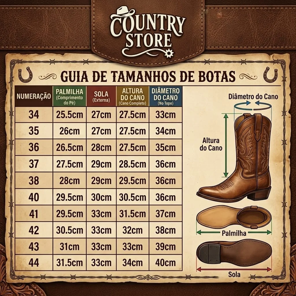 Guia de tamanhos de botas Country Store — numeração, palmilha, sola, altura e diâmetro do cano